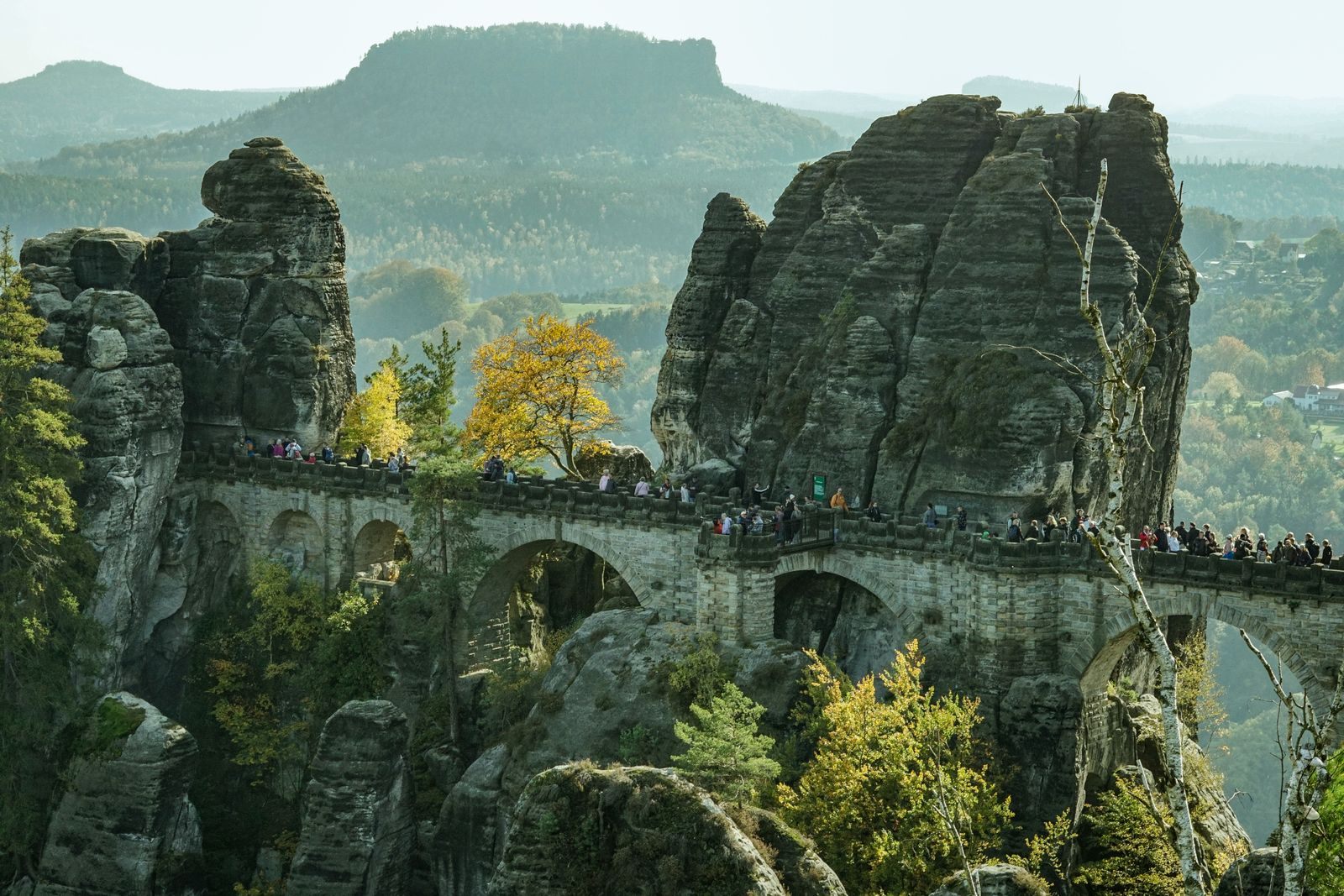 Bastei Bridge among sandstone pinnacles in Saxon Switzerland above the Elbe valley in autumn
