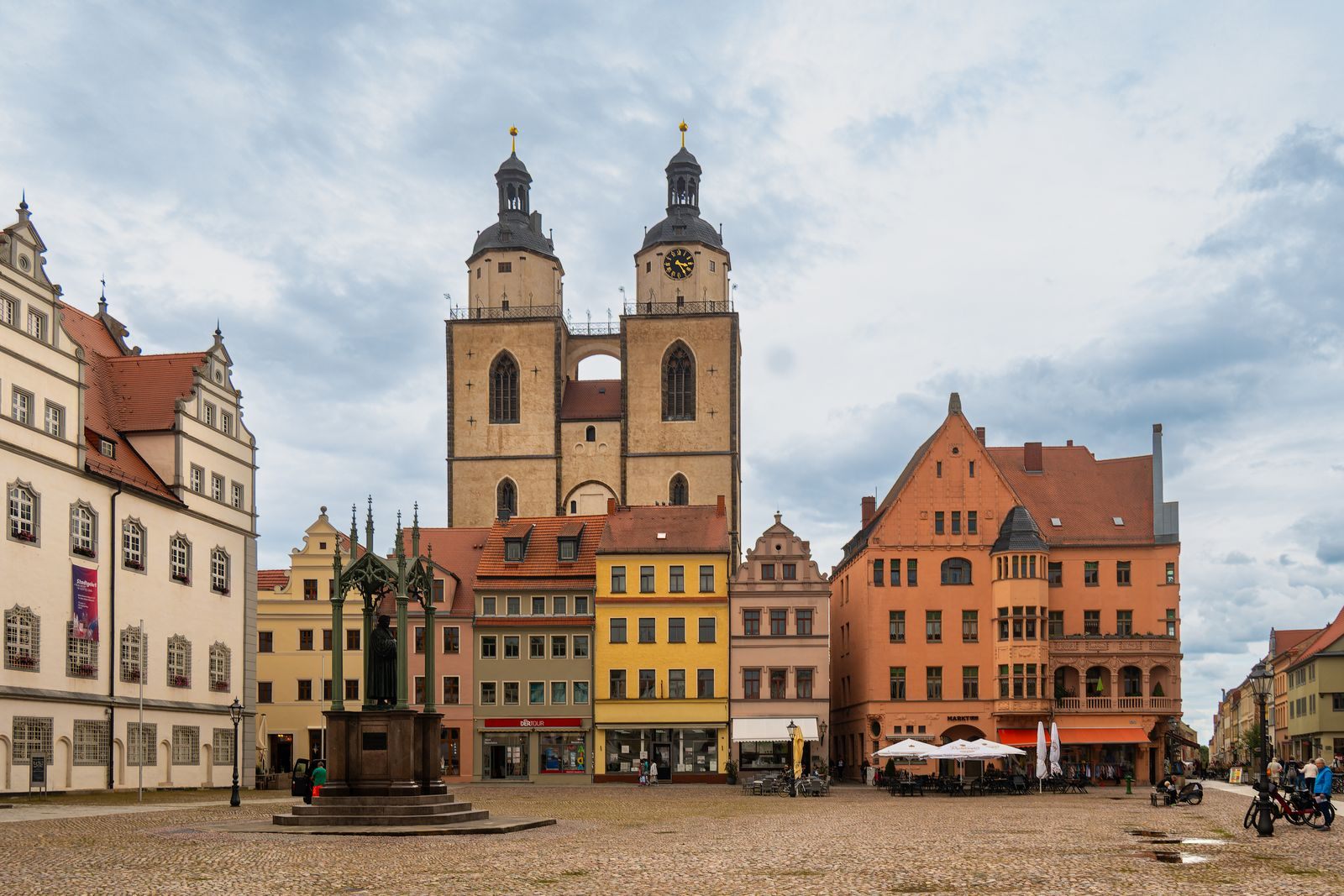 Market square in Lutherstadt Wittenberg with the twin towers of St. Mary’s Town Church